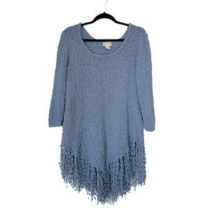Soft Surroundings Popcorn Knit Fringe Tunic Sweater Blue Boho Medium